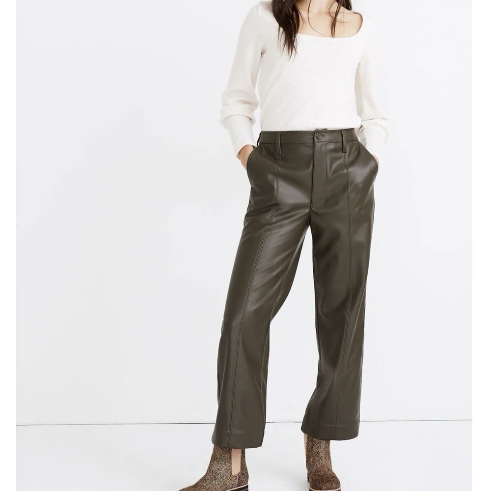 Madewell Vegan Leather Pants Womens 27 Olive Green Excellent Slim Wide Leg MB269
